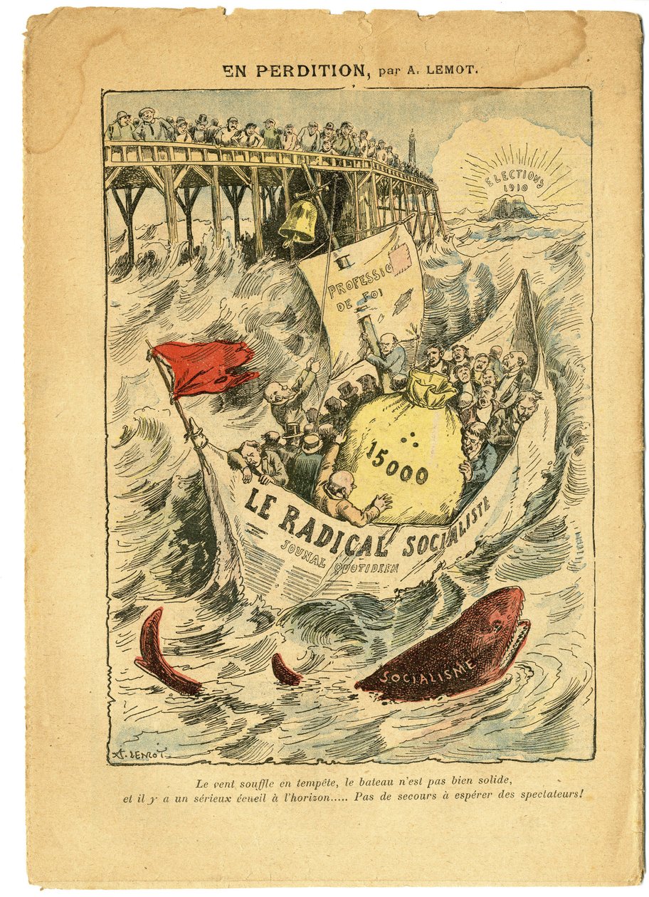Ilustrace Achille Lemot (1846-1909) v Le Pelerin, 20. 6. 09 - V záhubě - Radikalismus, Volby, Antimakonismus Freemaking, Námořní mořské pobřeží, Patnáct tisíc, Parlamentní odškodnění, Radikální a radikálně socialistická strana - Ryby, Žralok - Ani od Achille Lemot