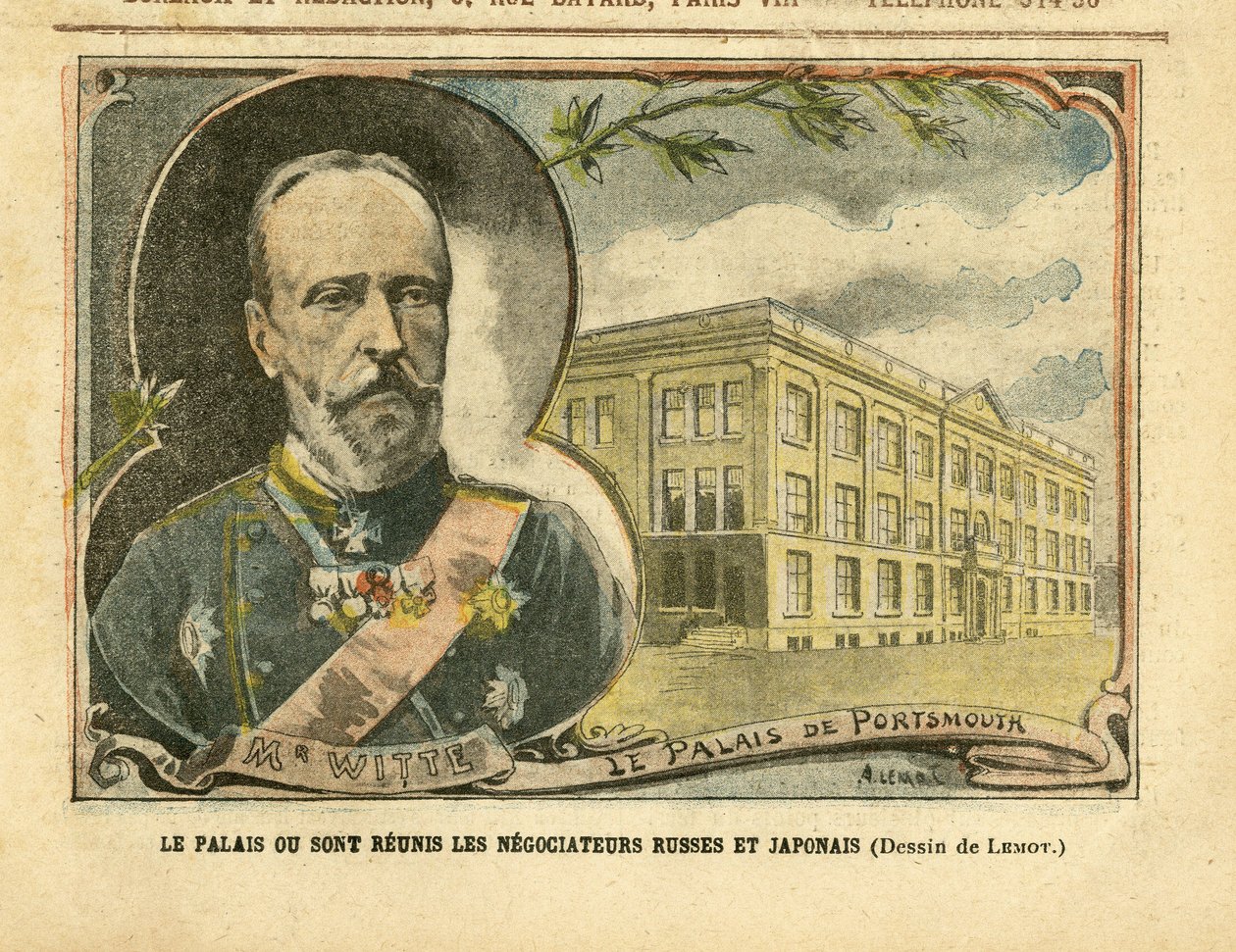 Ilustrace Achille Lemot (1846-1909) v Le Pelerin, 20.08.05 - Palác, kde se znovu spojili ruští a japonští vyjednavači - Rusko, Japonsko, rusko-japonská válka, Portsmouth - Witte Serge (1849-1915) od Achille Lemot