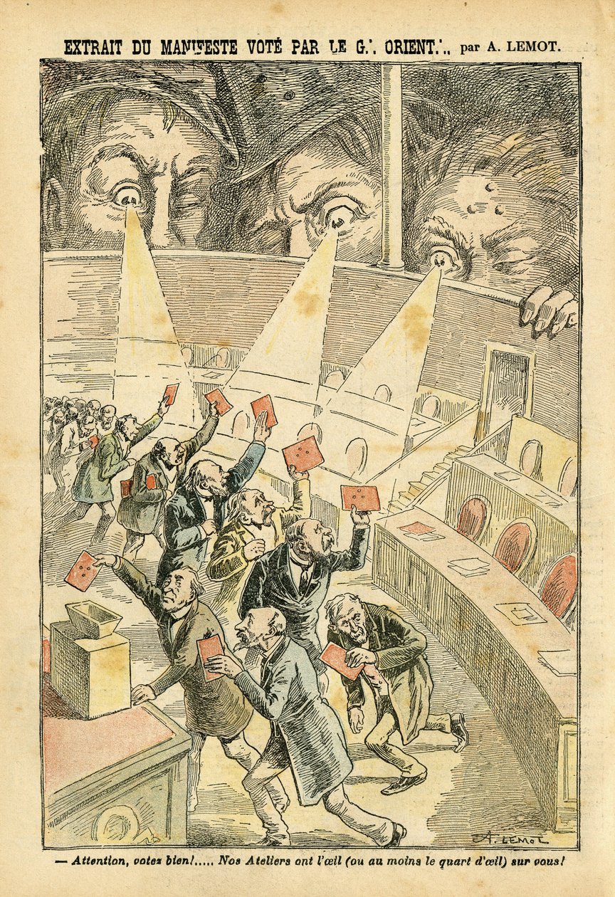 Ilustrace Achille Lemot (1846-1909) v Le Pelerin, 20/11/04 - Výňatek z hlasování o manifestu Velkého Orientu - Antimakonismus Freemaking, Velký Orient Francie - Urna od Achille Lemot