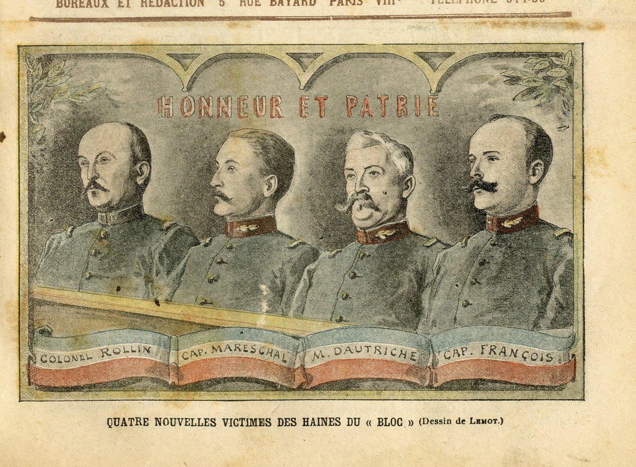 Ilustrace Achille Lemot (1846-1909) v Le Pelerin, 20/11/04 – Čtyři nové oběti nenávisti bloku – Armee, aféra Fiche, Patriotisme – plukovník Rollin, kapitán Mareschal, Dautriche, kapitán Francois od Achille Lemot