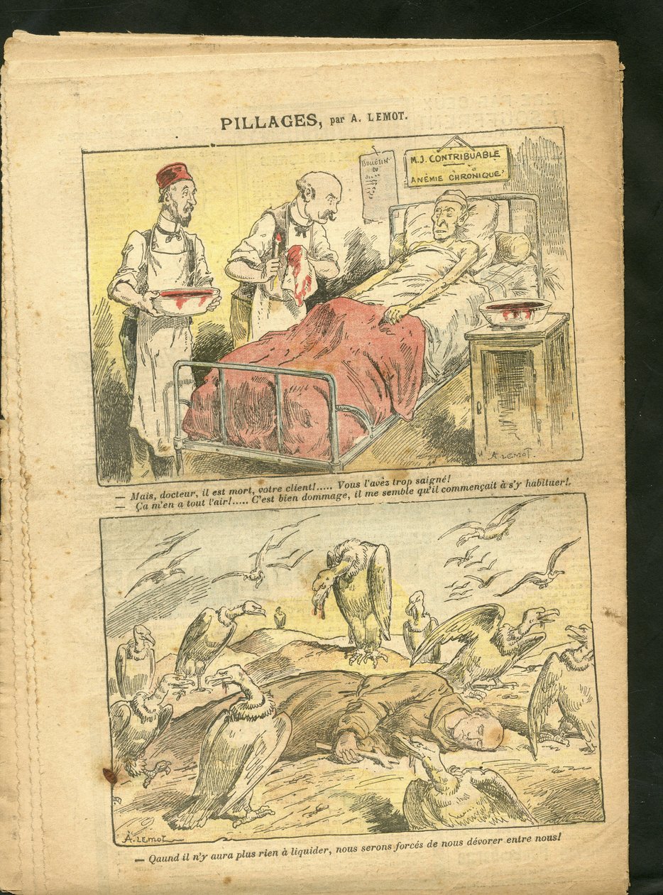 Ilustrace Achille Lemot (1846-1909) v Le Pelerin, 21/02/09 - Drancování - lékařství, náboženství Víra, daně, katolicismus - Laicisation Laicite Laiques, Kongregace - Vulture, Medicína, Daňový poplatník, Mniši od Achille Lemot