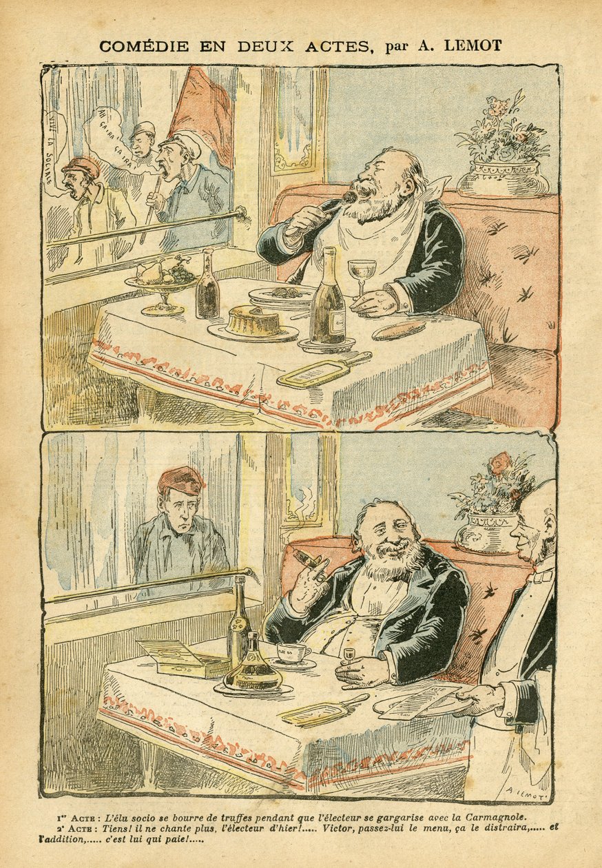 Ilustrace Achille Lemot (1846-1909) v Le Pelerin, 22/05/04 - Komedie ve dvou dějstvích - Restaurace Kavárny, Gastronomické vaření, Socialismus - Boys de Café, Lanýž - Tlustý/hubený od Achille Lemot
