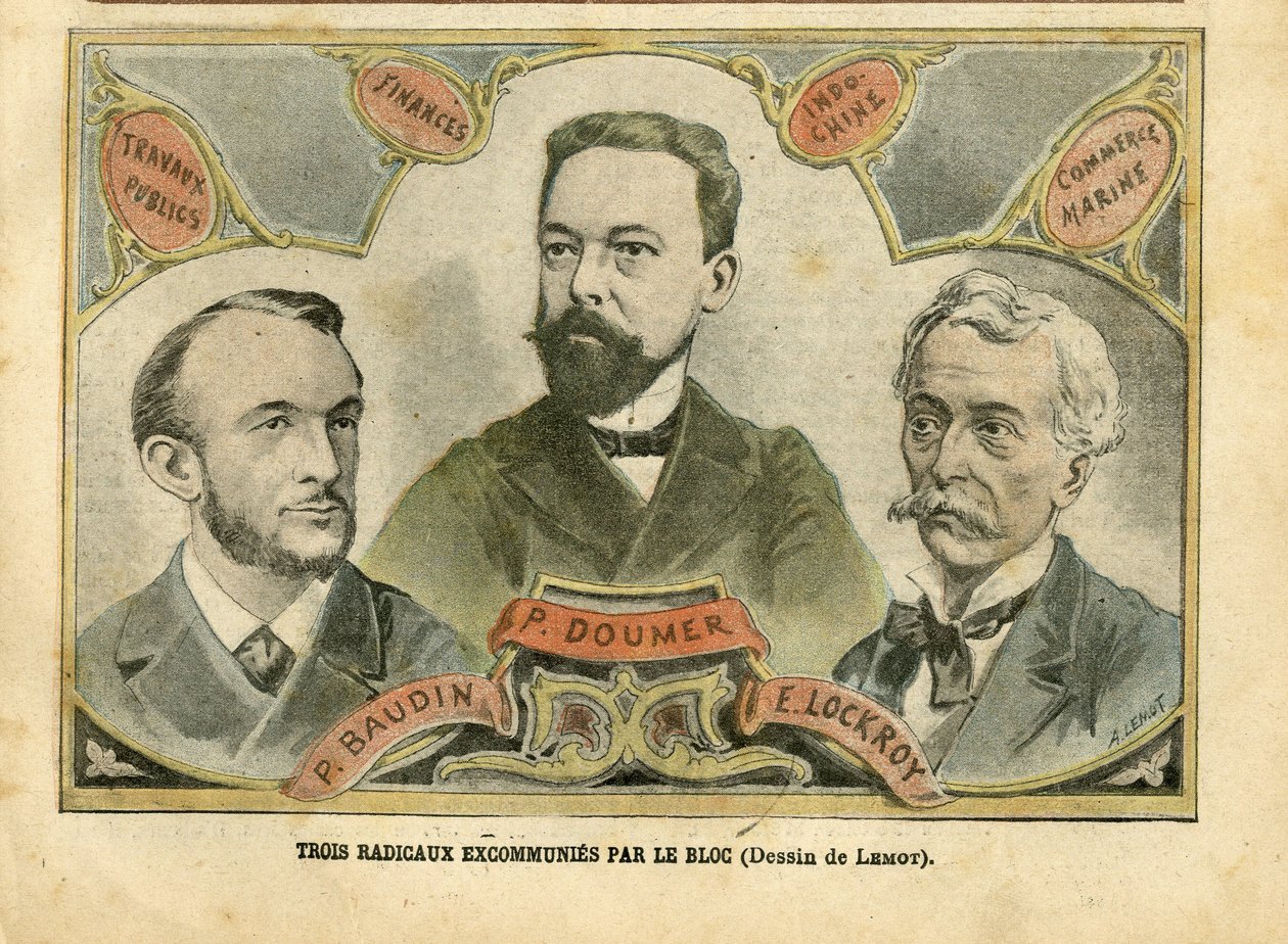 Ilustrace Achille Lemot (1846-1909) v Le Pelerin, 23/10/04 - Tři radikální exkomunie blokem - Rozpočtové finance, prezident republiky, Maritime Marine Nautique Balneaire, Bloc des left, Indochine, Works publics - Doumer Paul (1857-1932), od Achille Lemot
