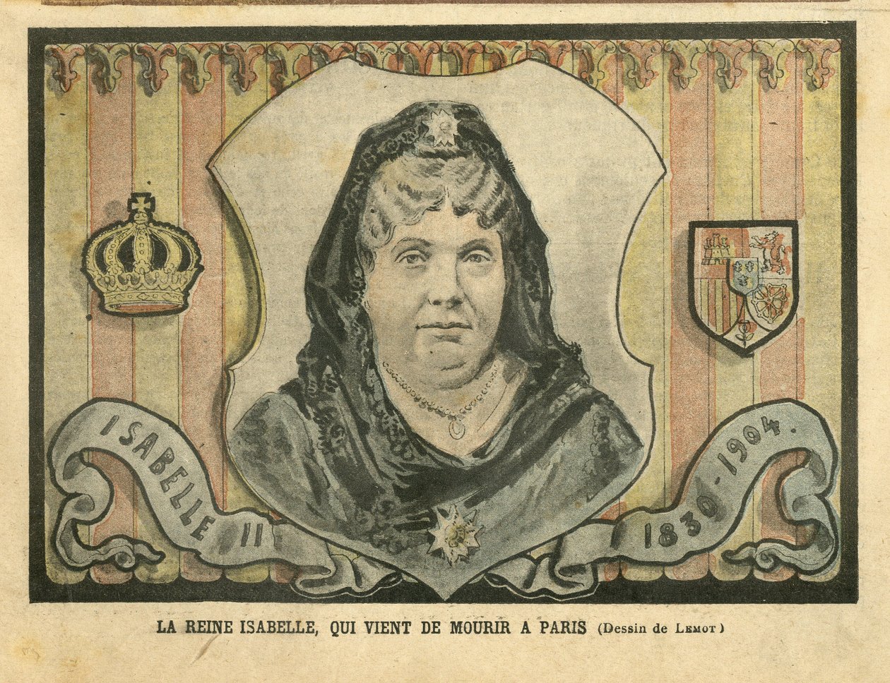 Ilustrace Achille Lemota (1846-1909) v Le Pelerin, 24/04/04 - Královna Isabela, která právě zemřela v Paříži - Paříž, Španělsko, monarchie, zahraniční panovník - Isabela II Španělská (1830-1904) od Achille Lemot