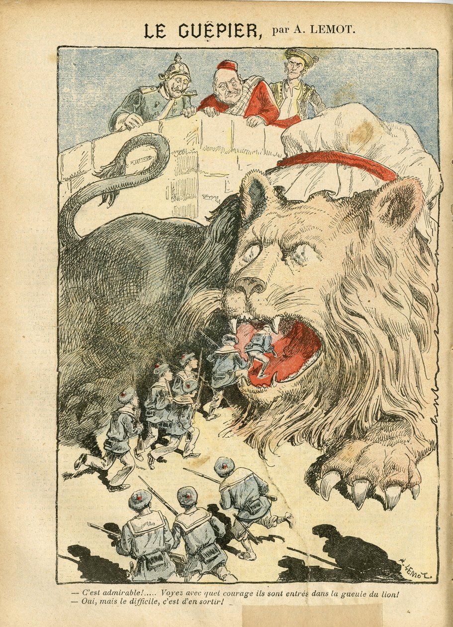 Ilustrace Achille Lemot (1846-1909) v Le Pelerin, 25/08/07 - Le Guepier - válka, Německo Prusko, Anglie Velká Británie, Španělsko, Námořní Mořské Pobřeží - Lev/Tiger od Achille Lemot