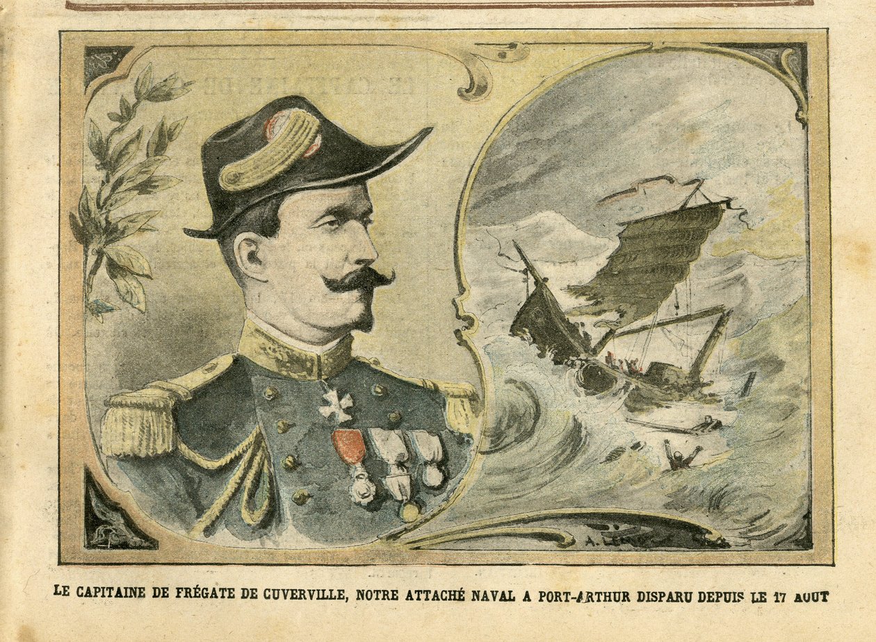 Ilustrace Achille Lemot (1846-1909) v Le Pelerin, 25.09.04 - Kapitán fregaty Cuverville, naše námořní spojení s Port-Arthur zmizelo od 17. srpna - Armee, Maritime Marine Nautique Balneaire, Port-Arthur, Naufrage - De Cuverville od Achille Lemot