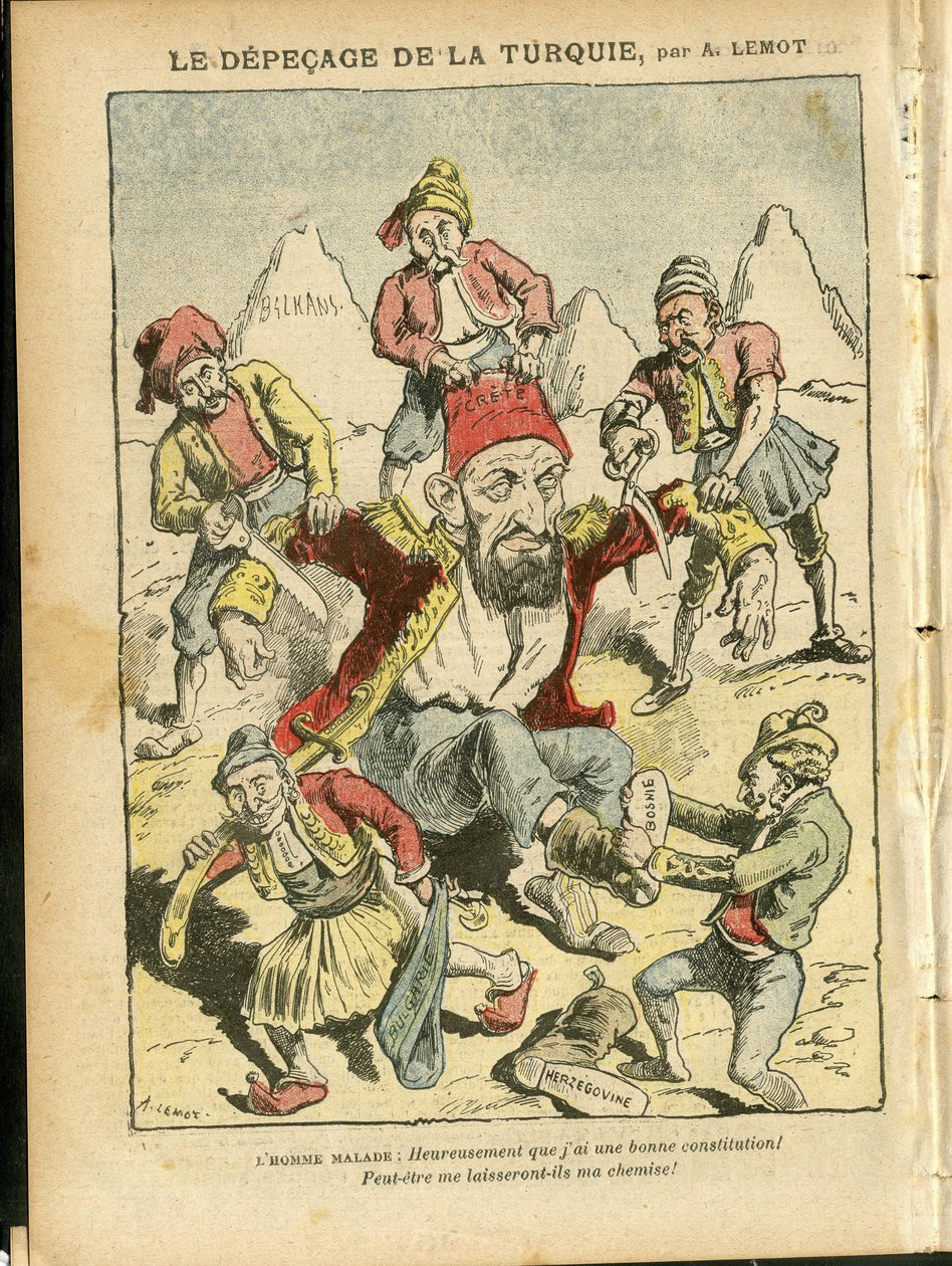 Ilustrace Achille Lemota (1846-1909) v Le Pelerin, 25/10/08 - Vyhlazení Turecka - Turecko, náboženská víra, Balkán, Bulharsko, Bosna a Hercegovina, Kréta, katolicismus - Abdul-Hamid II (1842-1918) od Achille Lemot