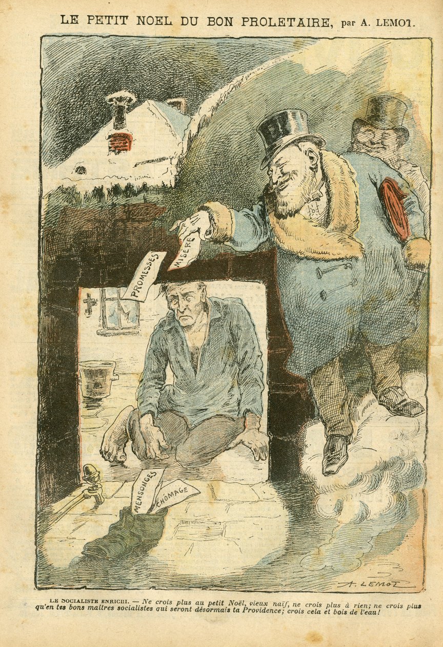Ilustrace Achille Lemot (1846-1909) v Le Pelerin, 25.12.04 - Vánoce dobrého proletáře - volby, bída, zima, život bohatých, socialismus - dělník, mizerný, chudý, SDF - opozice/sdružení od Achille Lemot