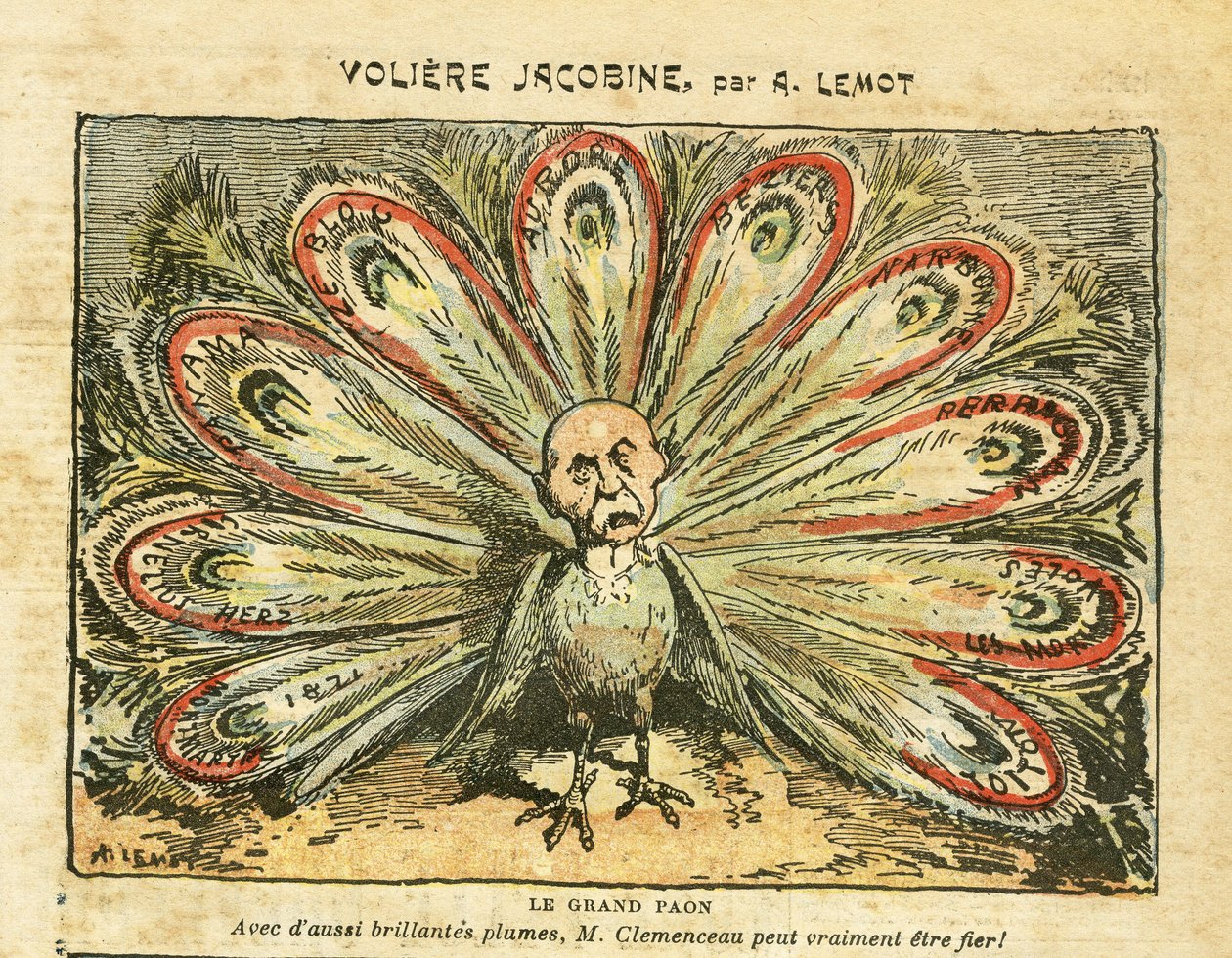 Ilustrace Achille Lemot (1846-1909) v Le Pelerin, 26.1.2008 - Voliéra Jacobin - Bloc des lefts, Vinná krize Revolte des vignerons, Narbonne, Beziers, Aurore (deník) - Clemenceau George, Peacock, - Animalization od Achille Lemot