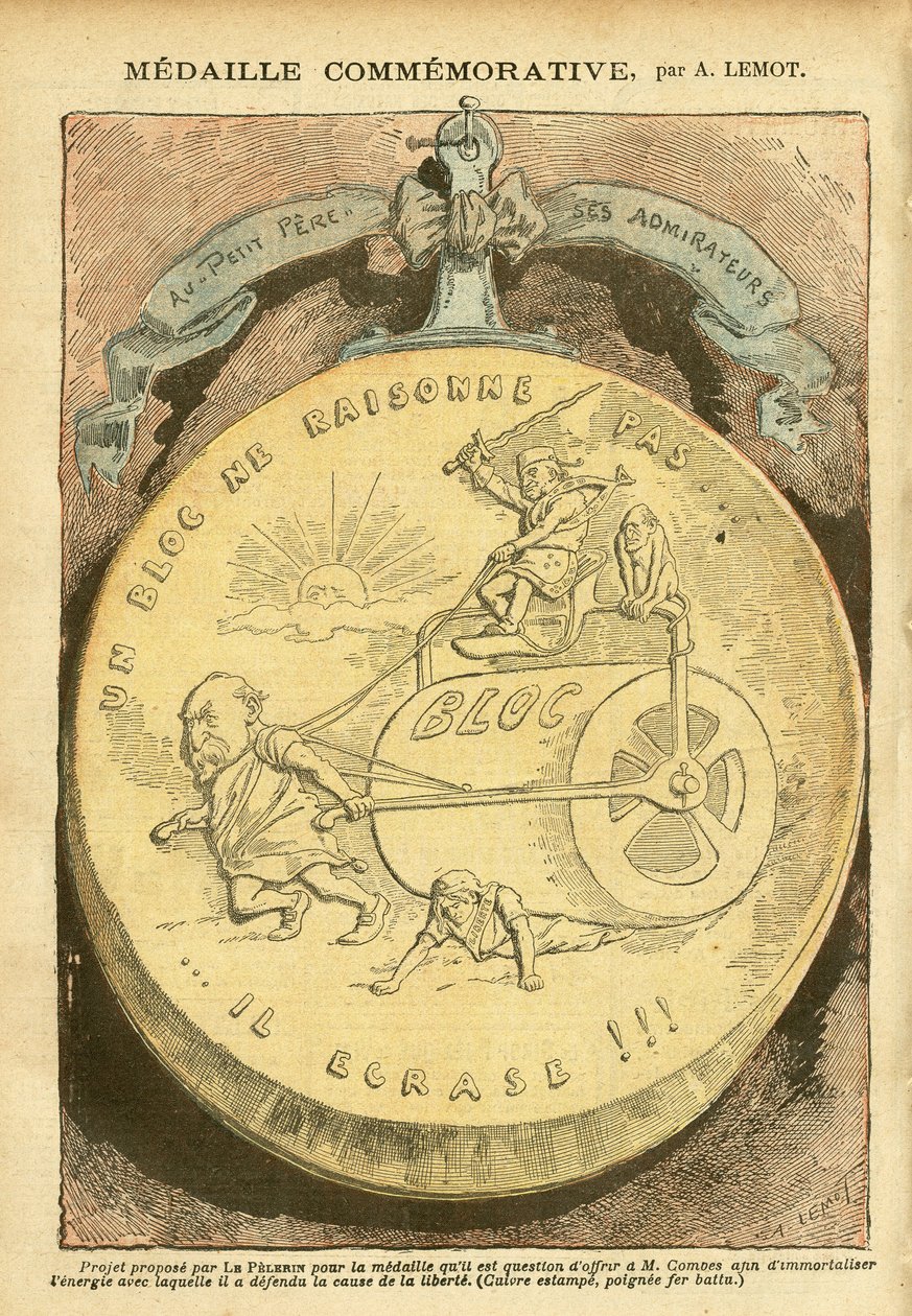 Ilustrace Achille Lemot (1846-1909) v Le Pelerin, 26.02.05 - Pamětní medaile - Freemaking Antimaconism, pouzdro na karty, levý blok - Combes Emile (1835-1921), Marianne - Kastrol od Achille Lemot