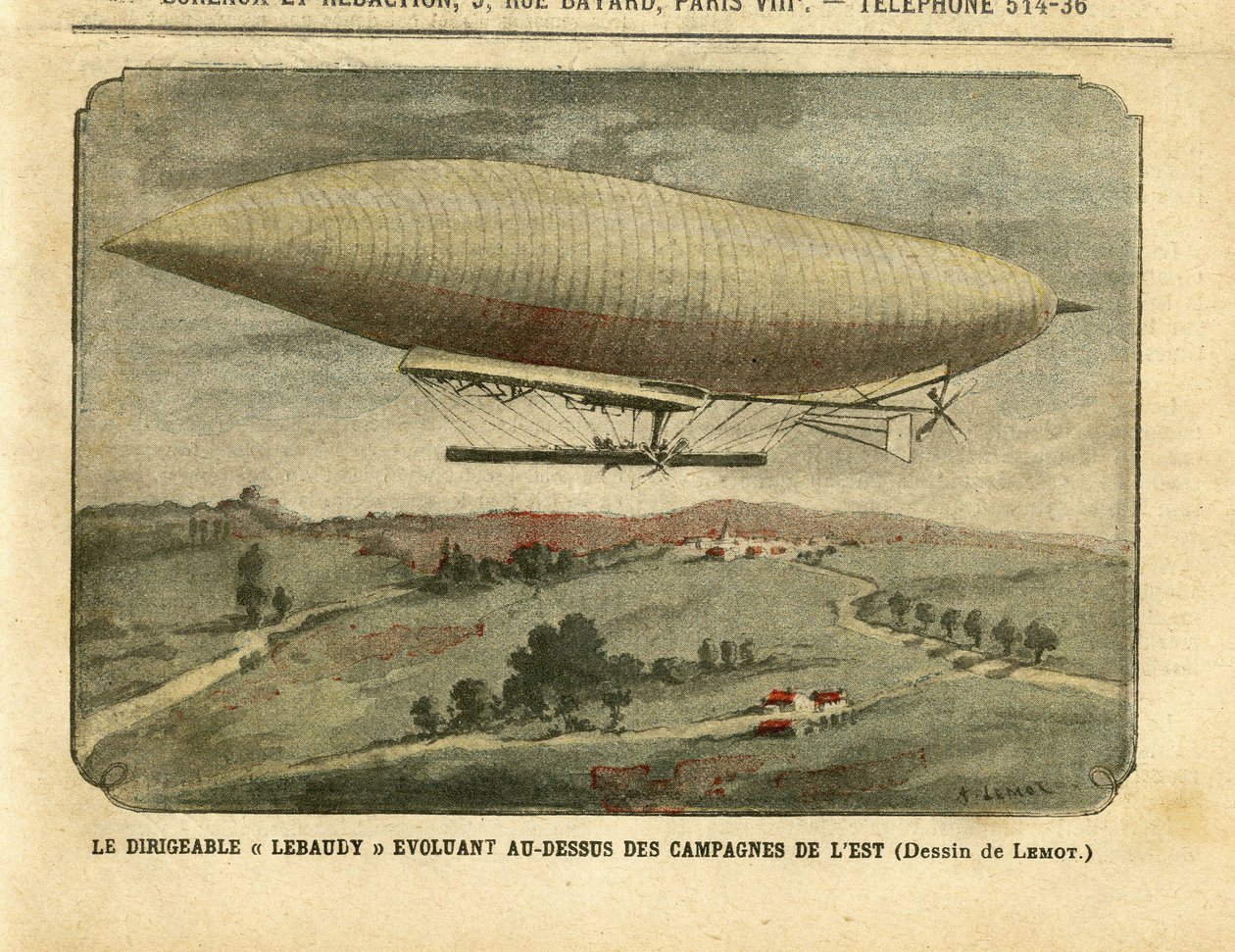 Ilustrace Achille Lemot (1846-1909) v Le Pelerin, 26. 11. 05 - Vzducholoď „“ Lebaudy ““ vyvíjející se nad východní krajinou - Kampaň, balónové vzducholodě zeppeliny aerostation, Lebaudy od Achille Lemot
