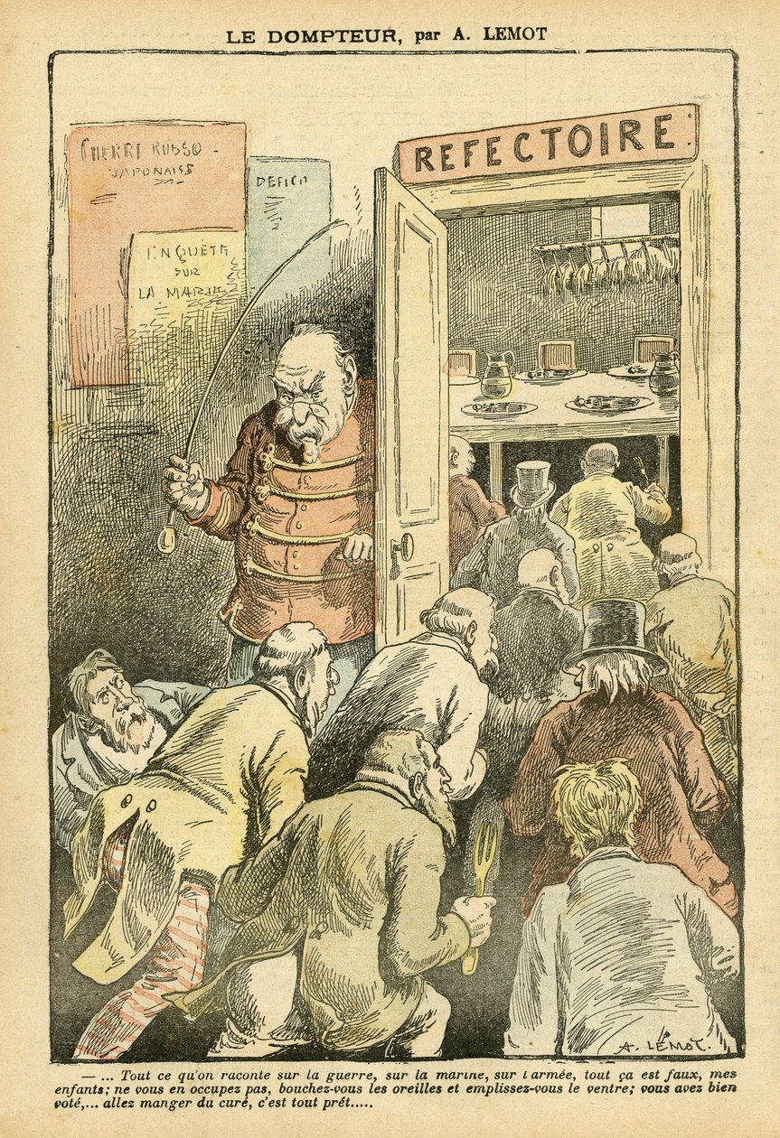 Ilustrace Achille Lemot (1846-1909) v Le Pelerin, 27/03/04 - Krotitel - Kavárny v restauracích, Gastronomický kuchař - Combes Emile (1835-1921), Krotitel - Metafora jídla od Achille Lemot