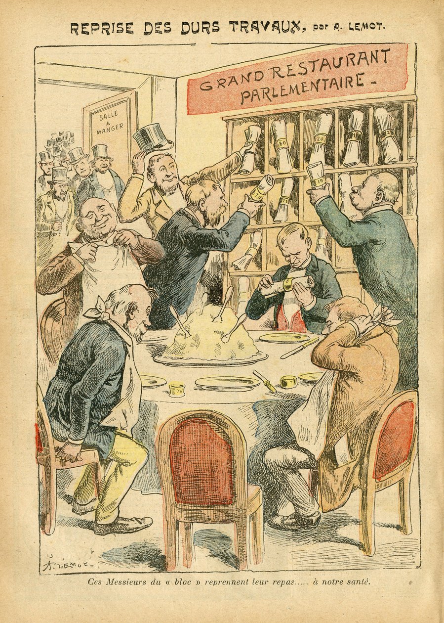 Ilustrace Achille Lemot (1846-1909) v Le Pelerin, 27/10/07 - Obnovení tvrdé práce - Antiparlamentarismus, Kavárny s restauracemi, Poslanecká sněmovna, Bloc des left, Plate au beurre - Deputát - Metaphore alimentaire od Achille Lemot