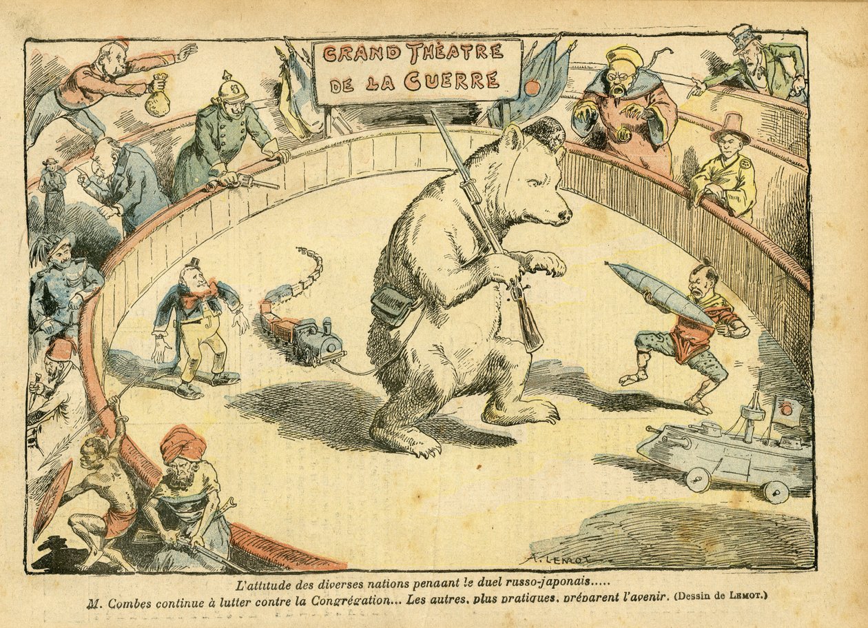 Ilustrace Achille Lemot (1846-1909) v Le Pelerin, 28.2.2004 - Postoj různých národů... - Rusko, rusko-japonská válka - Combes Emile, medvěd, pouťový medvěd - animalisation, karneval/hra/cirkus od Achille Lemot
