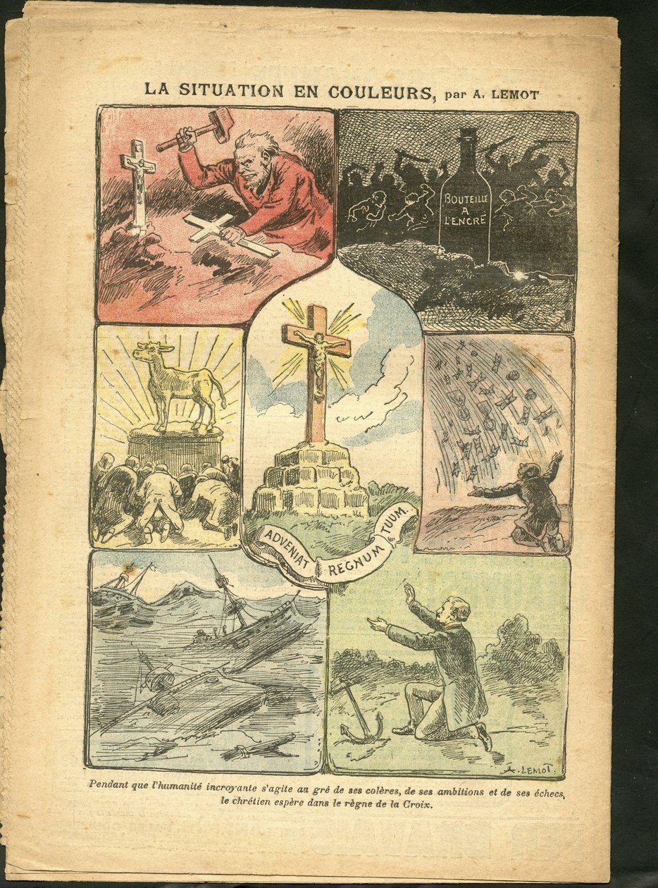 Ilustrace Achille Lemot (1846-1909) v Le Pelerin, 28/02/09 - Situace v barvách - Náboženství Víra, Námořní mořské pobřeží, Ateismus, Havárie, přírodní katastrofy, Křesťanský kříž, Katolický katolicismus - Zlaté tele od Achille Lemot