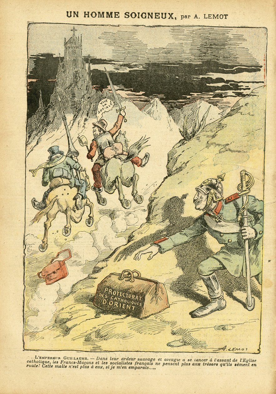 Ilustrace Achille Lemot (1846-1909) v Le Pelerin, 28.5.2005 - Opatrný muž - antiklerikalismus, sociální, kolonizační kolonialismus Kolonismus, frankomakonismus, orient, náboženství, víra, levý blok, socialismus, protektorát východního katolicismu, Katolick od Achille Lemot