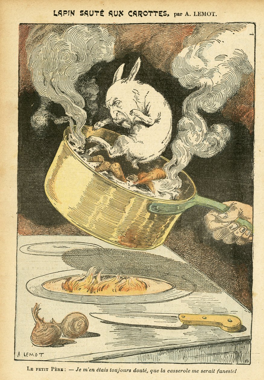 Ilustrace Achille Lemot (1846-1909) v Le Pelerin, 29/01/05 - Králičí jumte s mrkví - Kufr na spisy, Gastronomická kuchyně - Combes Emile (1835-1921), Králík - Hrnec - Metafora jídla, Animalization od Achille Lemot