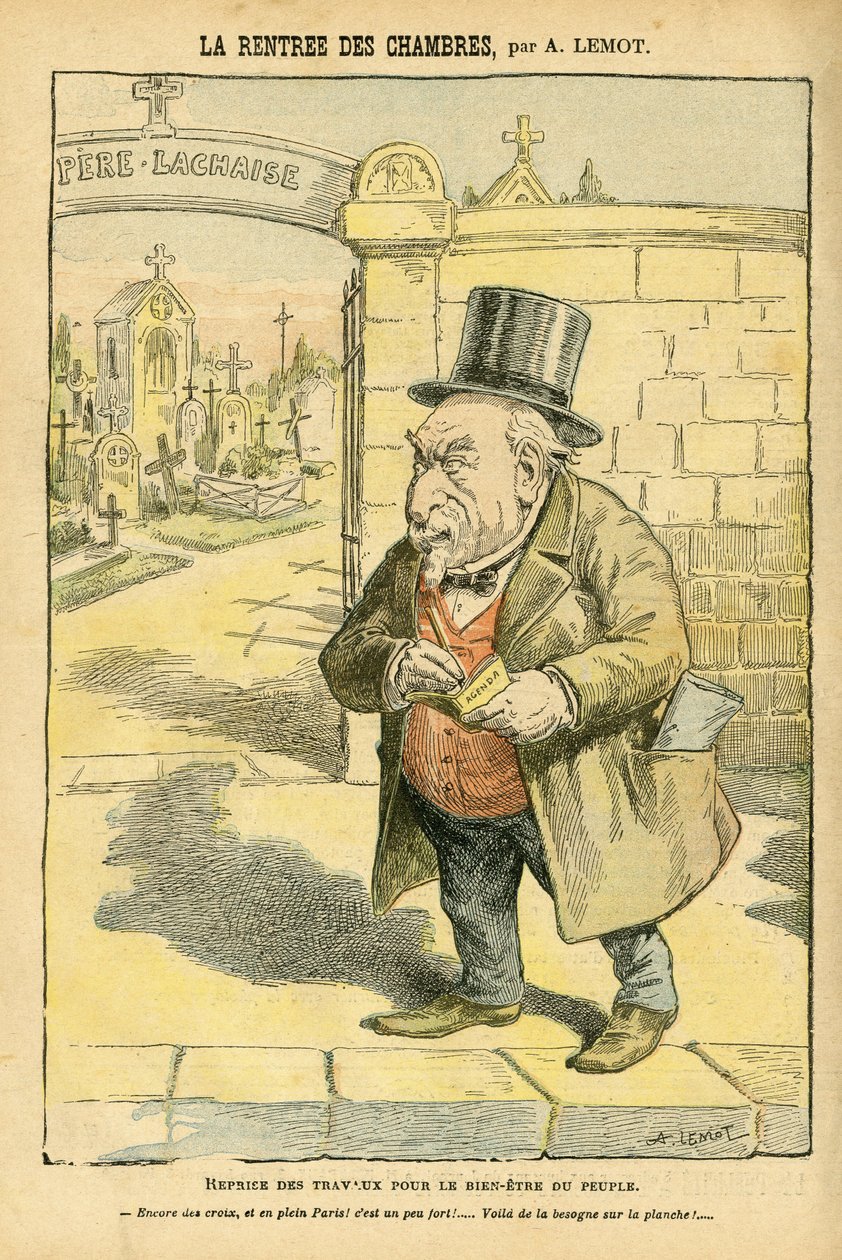 Ilustrace Achille Lemot (1846-1909) v Le Pelerin, 29.05.04 - La rentree des rooms - Náboženství Víra, Hřbitov, Bloc des lefches, Mourning Obseques Funerailles, Pere Lachaise, Katolicismus - Laicizace náboženského prostoru, Laicite Laiques od Achille Lemot