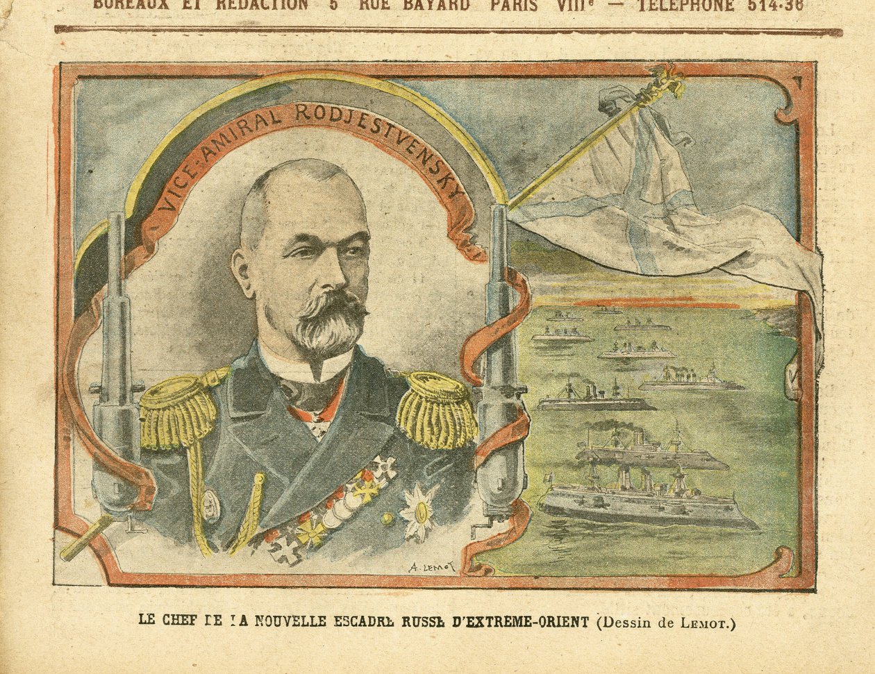 Ilustrace Achille Lemot (1846-1909) v Le Pelerin, 30/04/05 - Velitel nové ruské eskadry Dálného východu - Rusko, Armee, Navy Seaside, Warships - Admiral Admirals, Rodjestvensky (Zinovi Rožestvensky od Achille Lemot