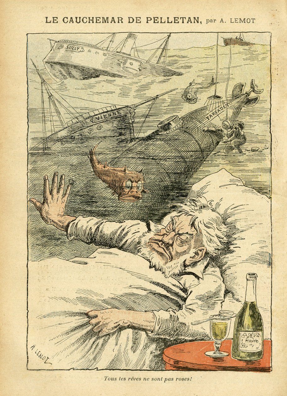 Ilustrace Achille Lemot (1846-1909) v Le Pelerin, 30/07/05 - The Nightmare of Pelletan - Různá fakta, Armee, Marine Marine Marine Seaside, Ponorka, katastrofy, Alkohol Alkoholik Alkoholik, Farfadet, Ryby, Válečné lodě , Pelletan Cam od Achille Lemot