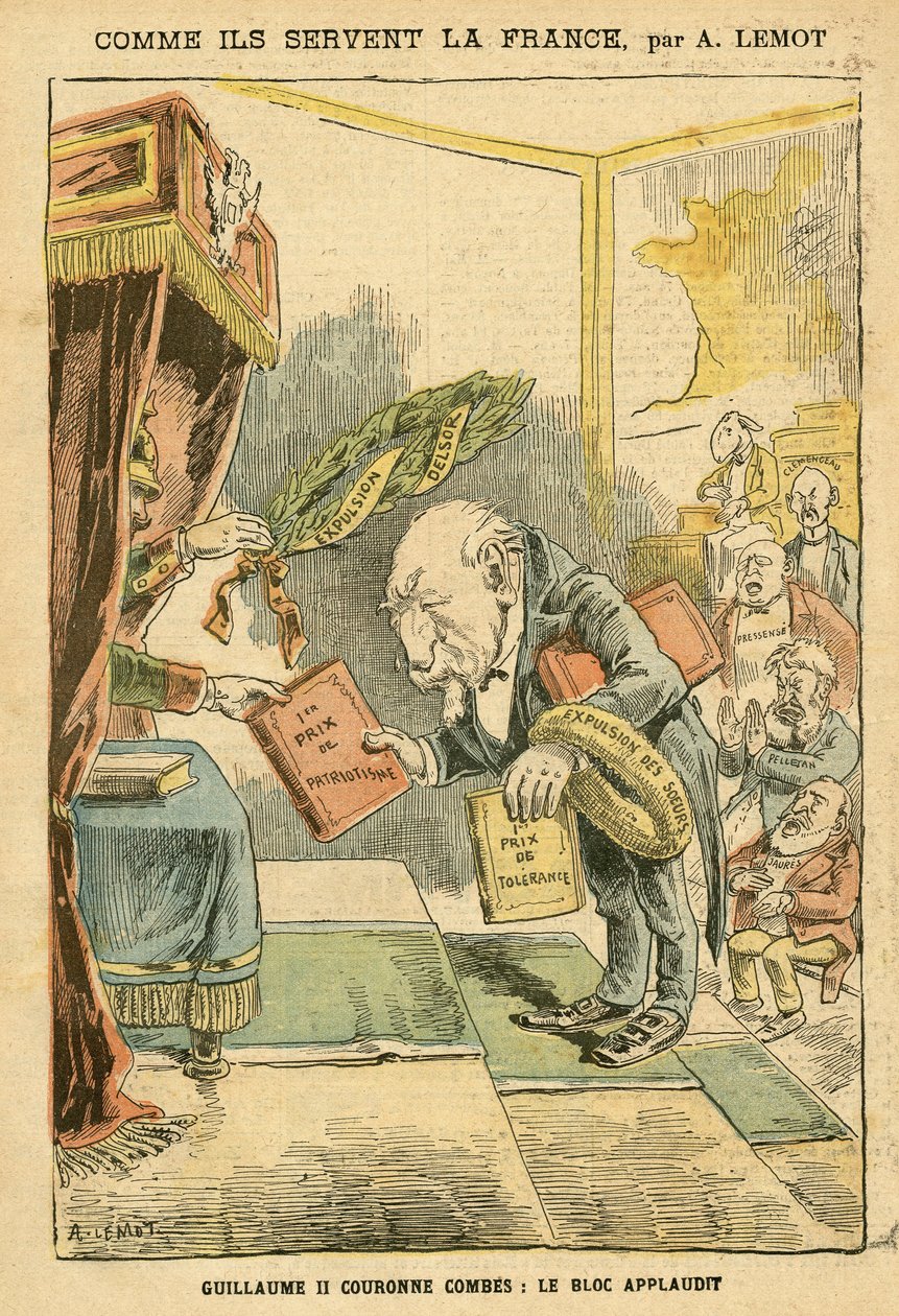 Ilustrace Achille Lemot (1846-1909) v Le Pelerin, 31.01.04 - Jak slouží Francie - Německo Prusko, Náboženství Víra, Bloc des Left, Vlastenectví, Katolický katolicismus - Vystěhování řeholníků - Combes Emile (1835-1921) , William II, Delsor Nicolas (18 od Achille Lemot