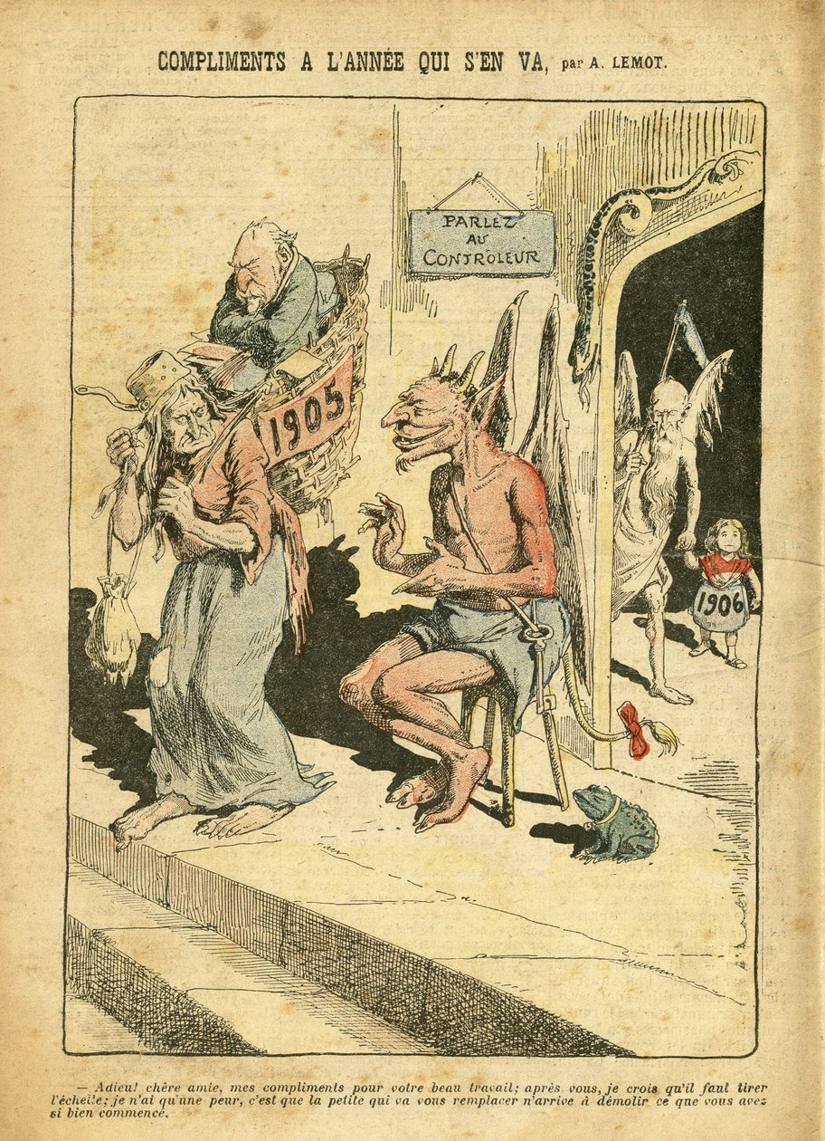 Ilustrace Achille Lemota (1846-1909) v Le Pelerin, 31/12/05 - Komplimenty roku, který odchází - Náboženství Víra, katolicismus - Combes Emile (1835-1921), Ďábel, Čas (alegorie) od Achille Lemot