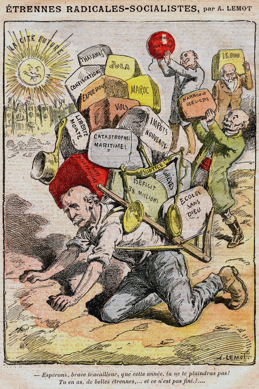 Radikál-socialisté (socialističtí radikálové): kreslený film Achille Lemot (1846-1909) v Le Pelerin (1909) - dělník havaruje pod tíhou daní, daní a nepříjemností vyplývajících ze špatného řízení vlády a Georges Clemenceau - stávky, d od Achille Lemot