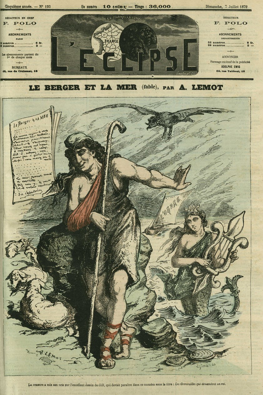 Pastýř a moře ilustruje bajku, která nahrazuje karikaturu Gill „Žáby, které žádají krále““, zakázanou cenzurou. Obálka “” L