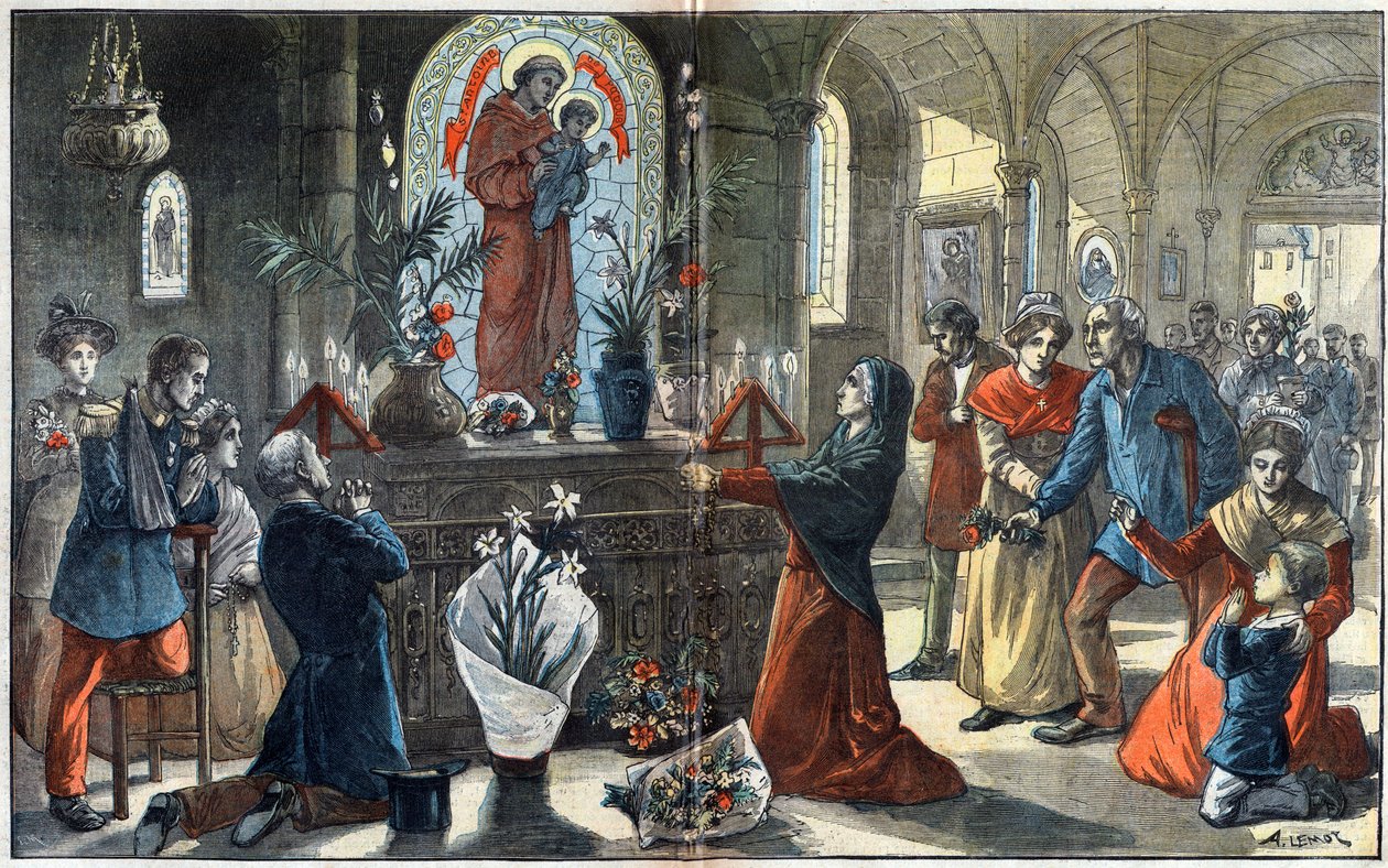 Oddanost svatému Antonínu Paduánskému (San Antonio di Padova) znovu sjednocuje před jeho oltářem všechny třídy společnosti - Ilustrace Achille Lemot v „“Le-Pelerin““ z roku 1896 od Achille Lemot