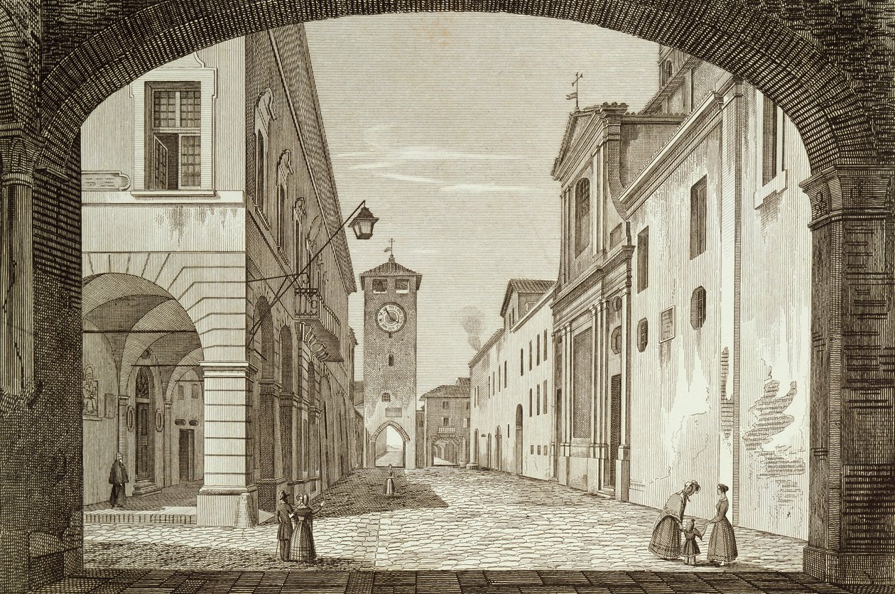 Pohled na náměstí Castel Bolognese v Legation of Ravenna, vyrytý Achille Parboni (1783-1841), Itálie od Achille Parboni