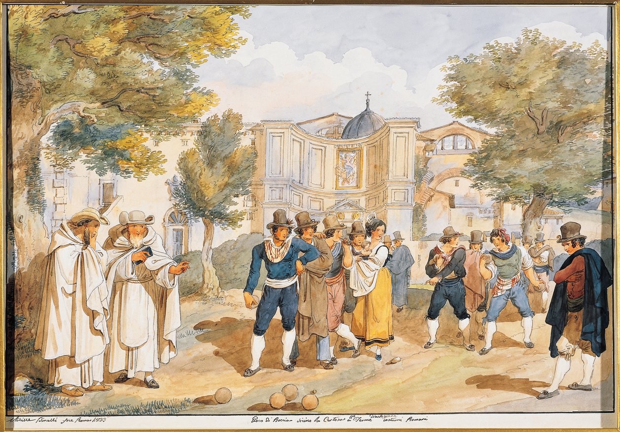Hraní boccie v Santa Maria degli Angeli v Římě, Achille Pinelli (1809-1841), Itálie od Achille Pinelli