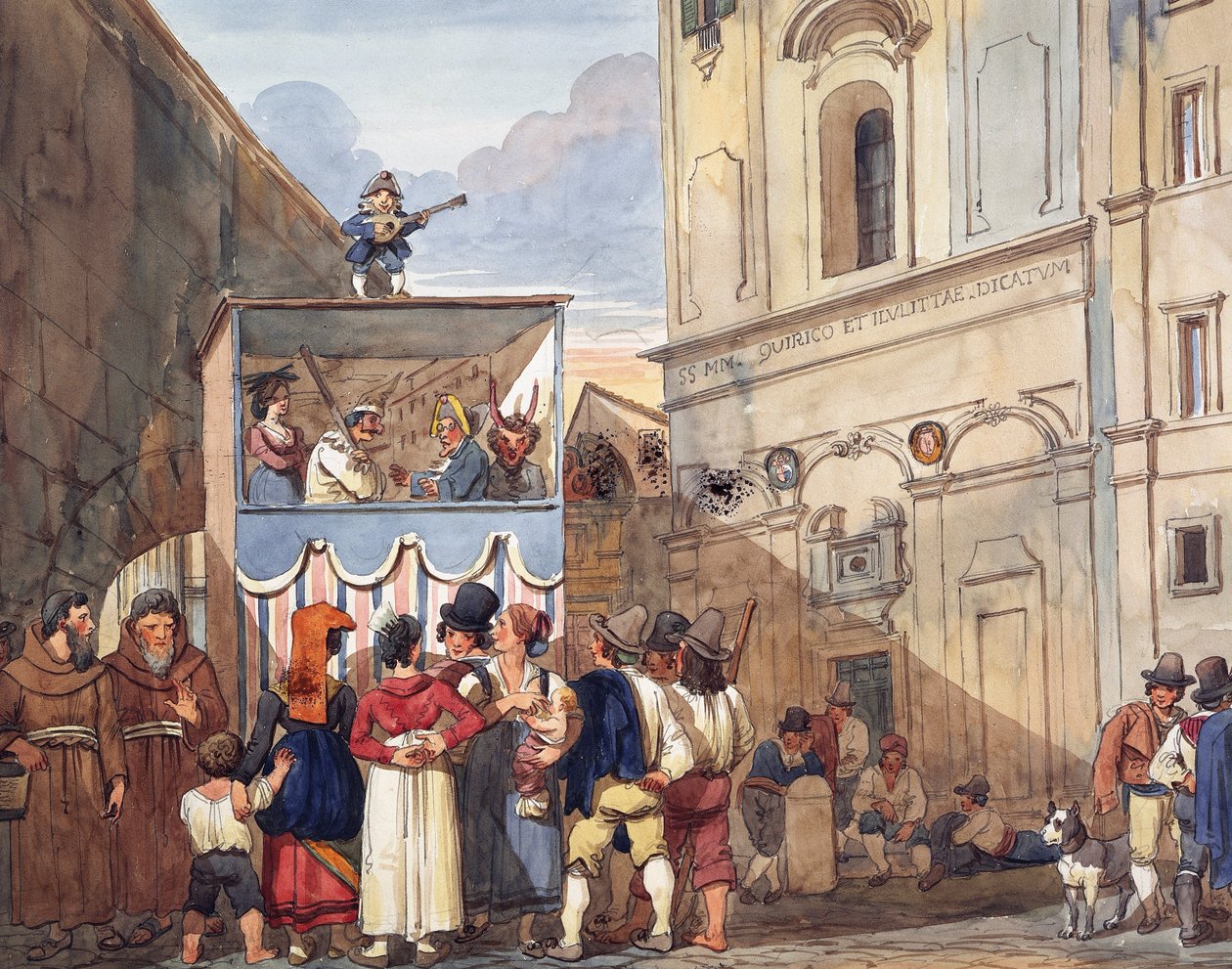 Loutkové divadlo v římském kostele svatých Quirico a Giuditta, Achille Pinelli (1809-1841), akvarel, detail, Itálie od Achille Pinelli