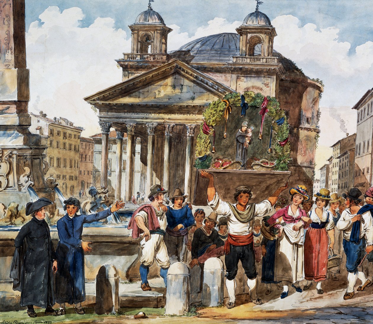Jahodový festival v Pantheonu v Římě, akvarel Achille Pinelli (1809-1841), Itálie od Achille Pinelli
