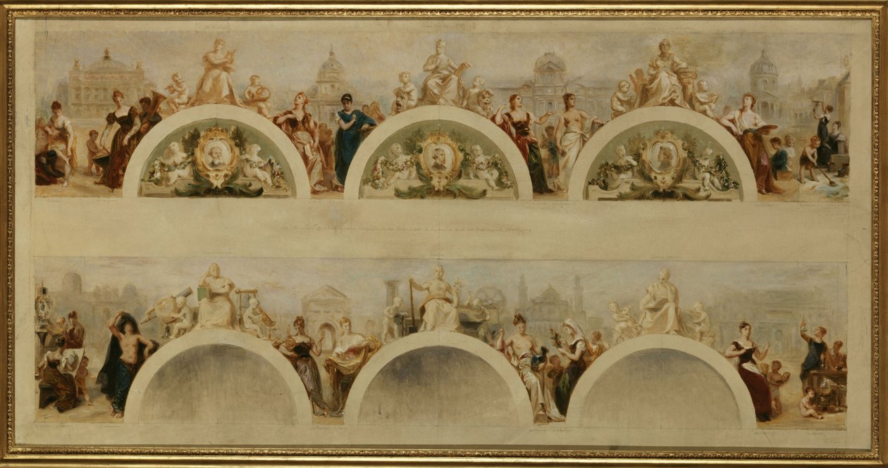 Město Paříž nabízí všem národům pohostinnost svých uměleckých škol, muzeí a vědeckých institucí - Skica pro vstupní halu Hôtel de Ville de Paris. od Achille Sirouy