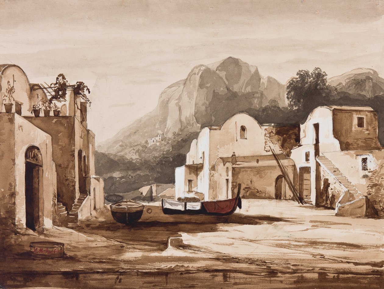 Neapolská pobřežní vesnice, možná Capri s Monte Solaro, s dodatky prince Alfonse Maria di Borbone (1841-1934) (tužka, sépie a kvaš na papíře) od Achille Vianelli