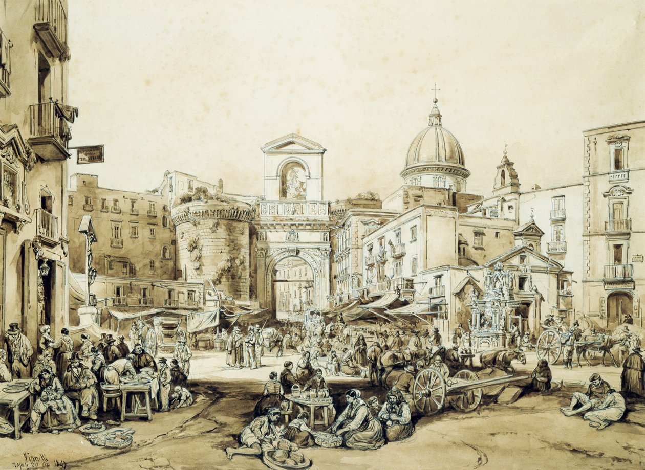 Porta Capuana v Neapoli, Achille Vianelli (1803-1894), sépie, 43x60,5 cm od Achille Vianelli