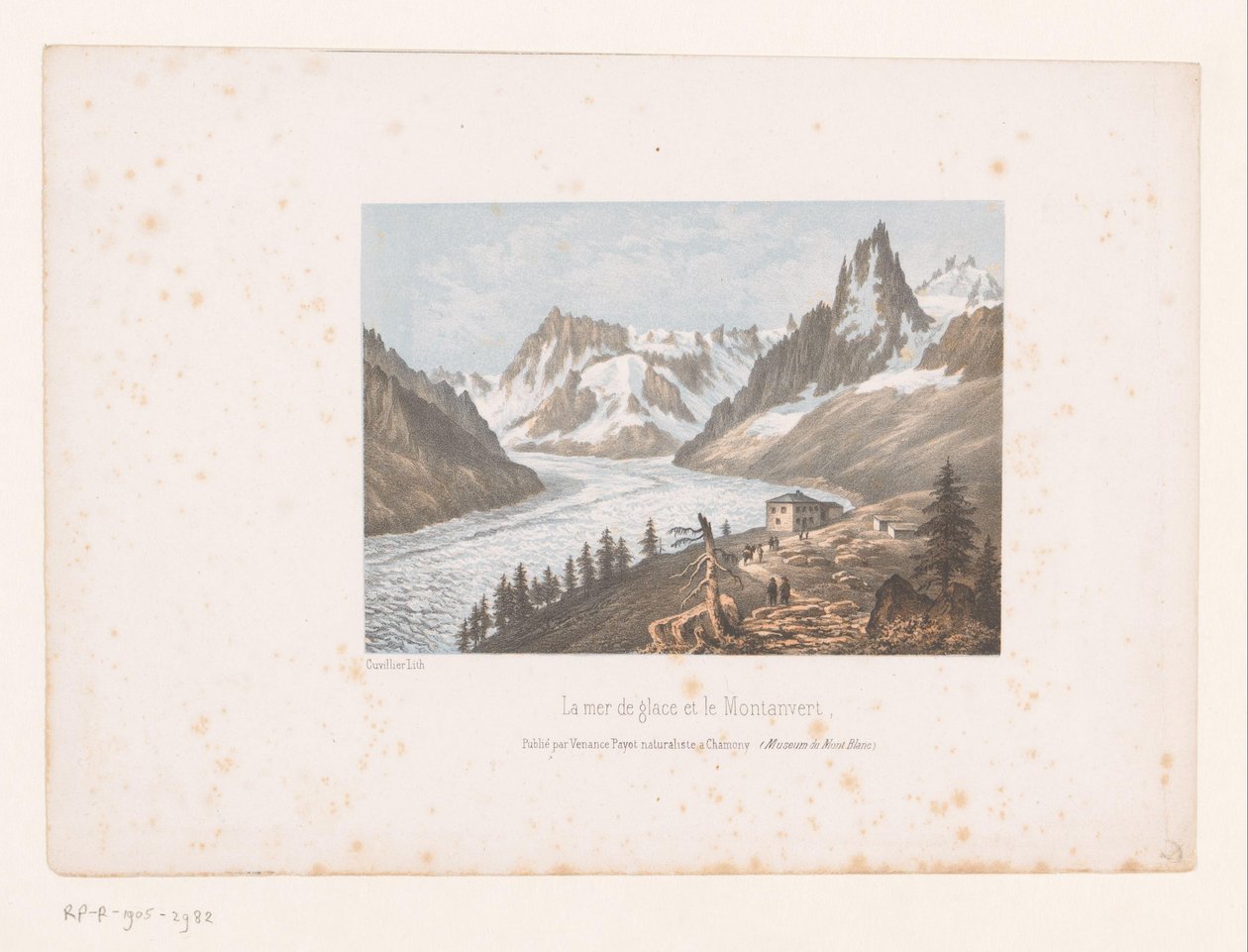 Pohled na ledovec Mer de Glace a Montanvert v údolí Chamonix La mer de glace et le Montanvert (název na objektu) Pohledy na Mont Blanc a Chamonix (název série) Museum du Mont Blanc (název série na objektu) od Ad. Cuvillier