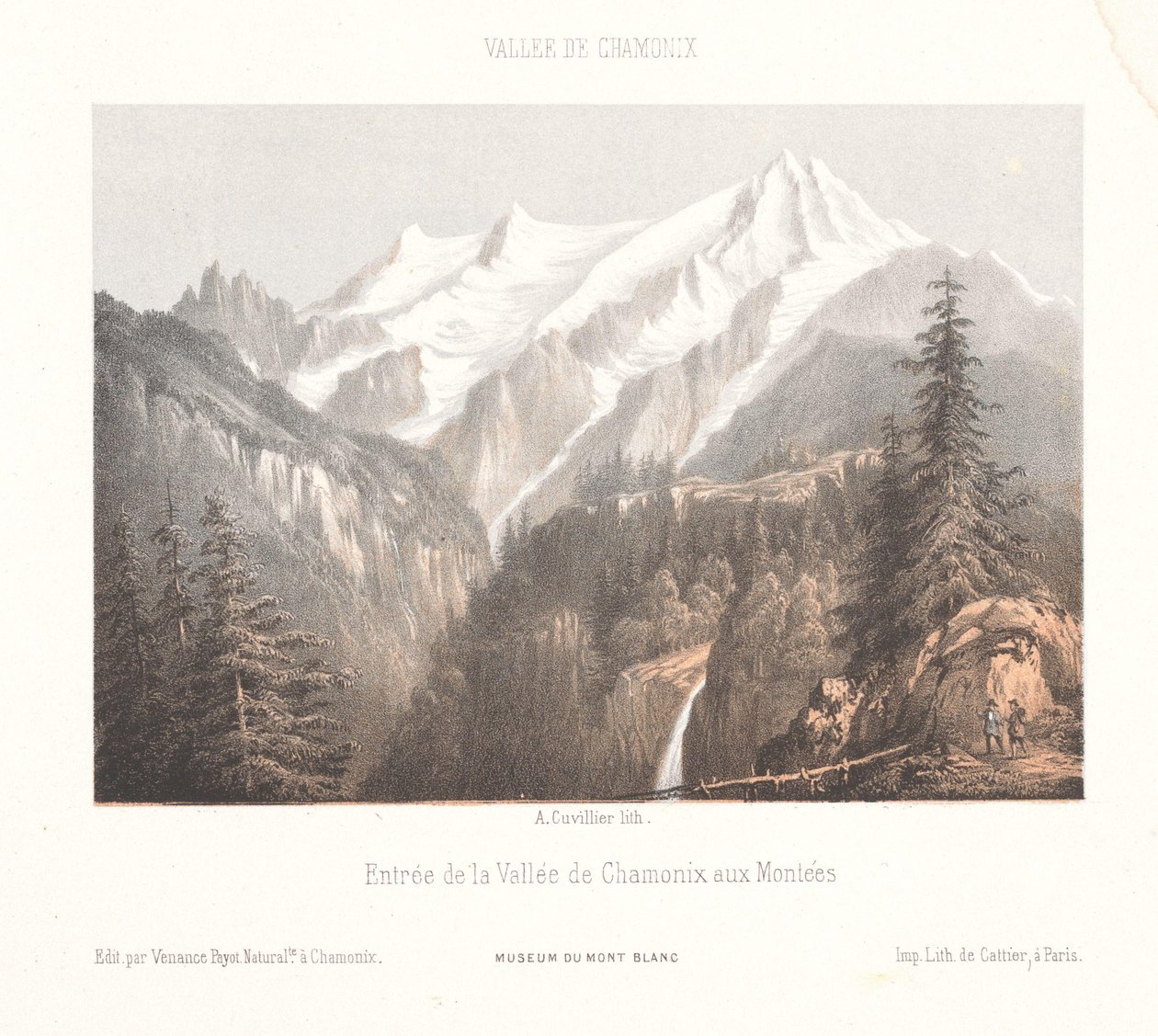 Pohled na Chamonix s ledovcem Mer-de-Glace a Aiguille du Dru Chamonix, le Glacier des Bois, et le Dru (název na objektu) Memories of Chamonix-Mont-Blanc (název série) Museum du Mont-Blanc (název série) od Ad. Cuvillier