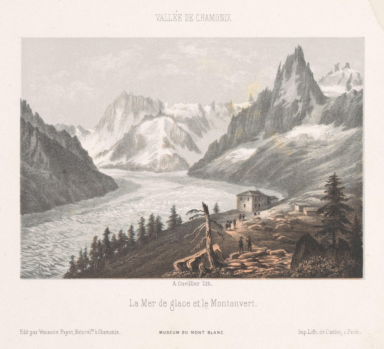 Pohled na Le Chapeau na ledovci Mer-de-Glace Le Chapeau (titul na objektu) Memory of Chamonix-Mont-Blanc (název série) Museum du Mont-Blanc (název série na objektu) od Ad. Cuvillier