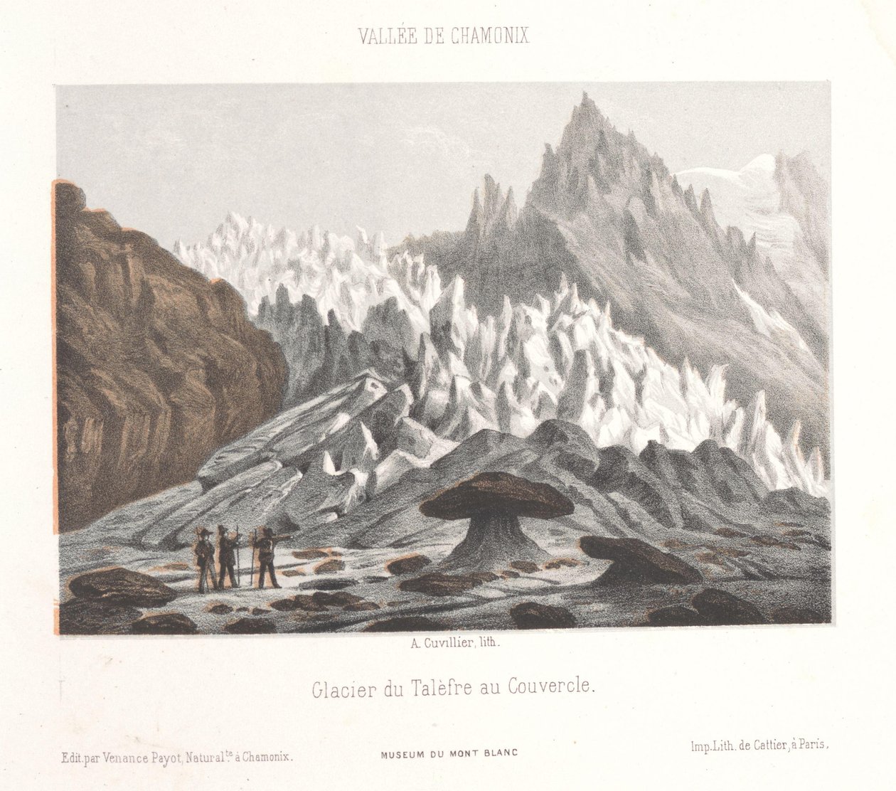 Pohled na kámen Couvercle na ledovci Talèfre Glacier du Talèfre au Couvercle (název na objektu) Memory of Chamonix-Mont-Blanc (název série) Museum du Mont-Blanc (název série na objektu) od Ad. Cuvillier