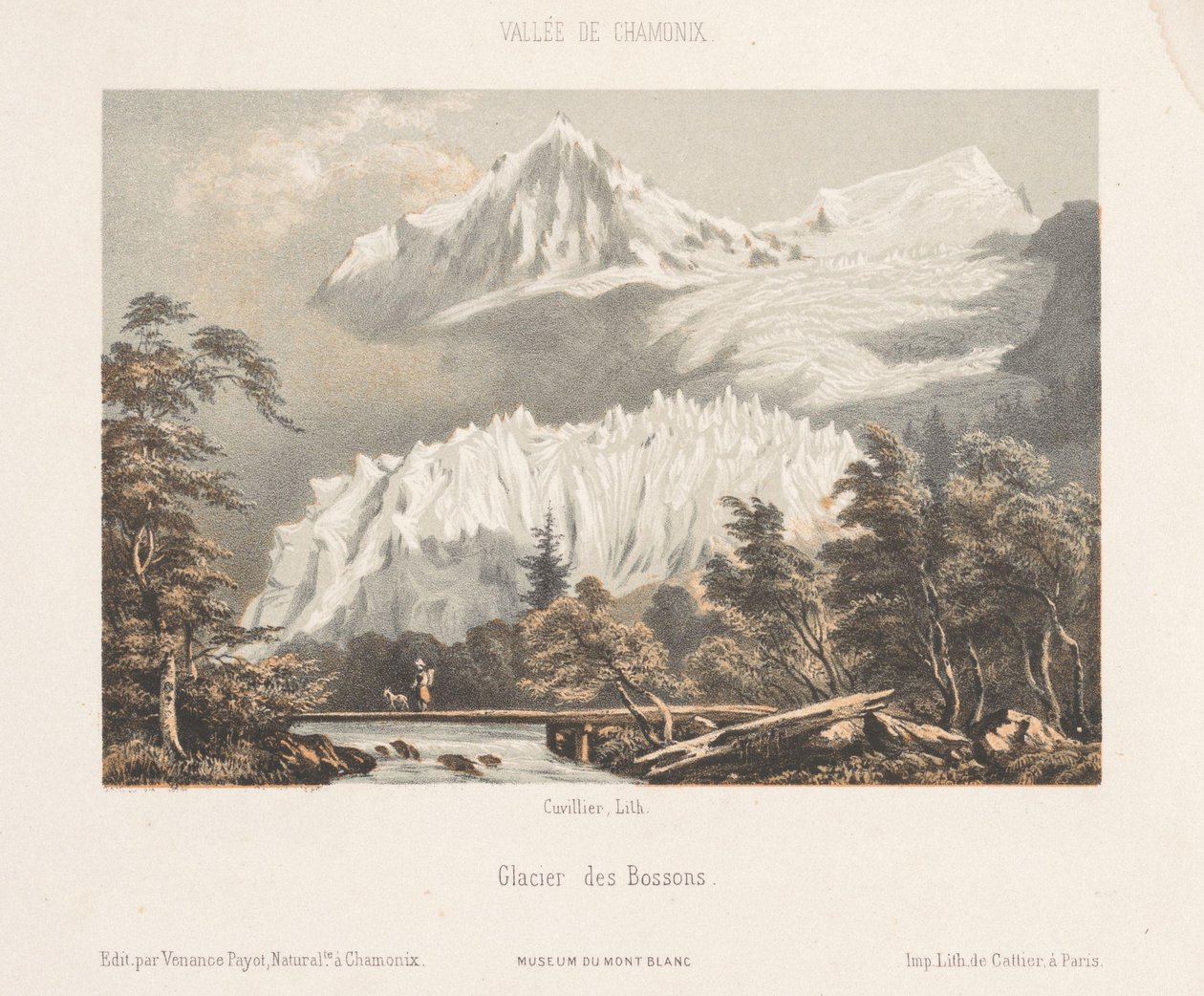 Zicht op de Mont Blanc vanaf de Col des Montets Pohled na Mont Blanc z Les Montets. Cesta do Martigny (název na objektu) Herinnering v Chamonix-Mont-Blanc (název série) Museum of Mont-Blanc (název série na objektu) od Ad. Cuvillier