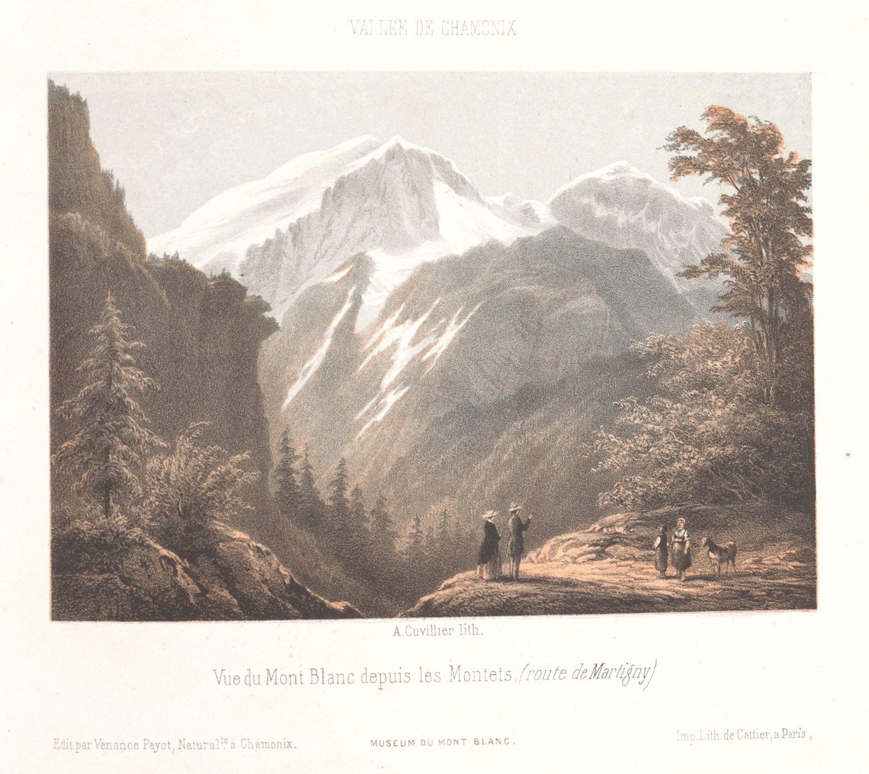 Pohled na ledovec Mer-de-Glace La Mer de glace et le Montanvert (název na objektu) Memory of Chamonix-Mont-Blanc (název série) Museum du Mont-Blanc (název série na objektu) od Ad. Cuvillier