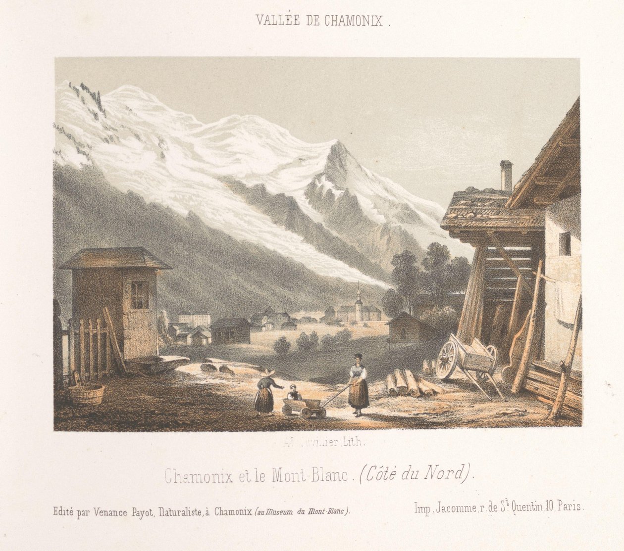 Zicht op de valley van Chamonix vanaf de pas Les Montées Vstup do údolí Chamonix u Montées (název na objektu) Herinnering v Chamonix-Mont-Blanc (název série) Museum of Mont-Blanc (název série na objektu) od Ad. Cuvillier