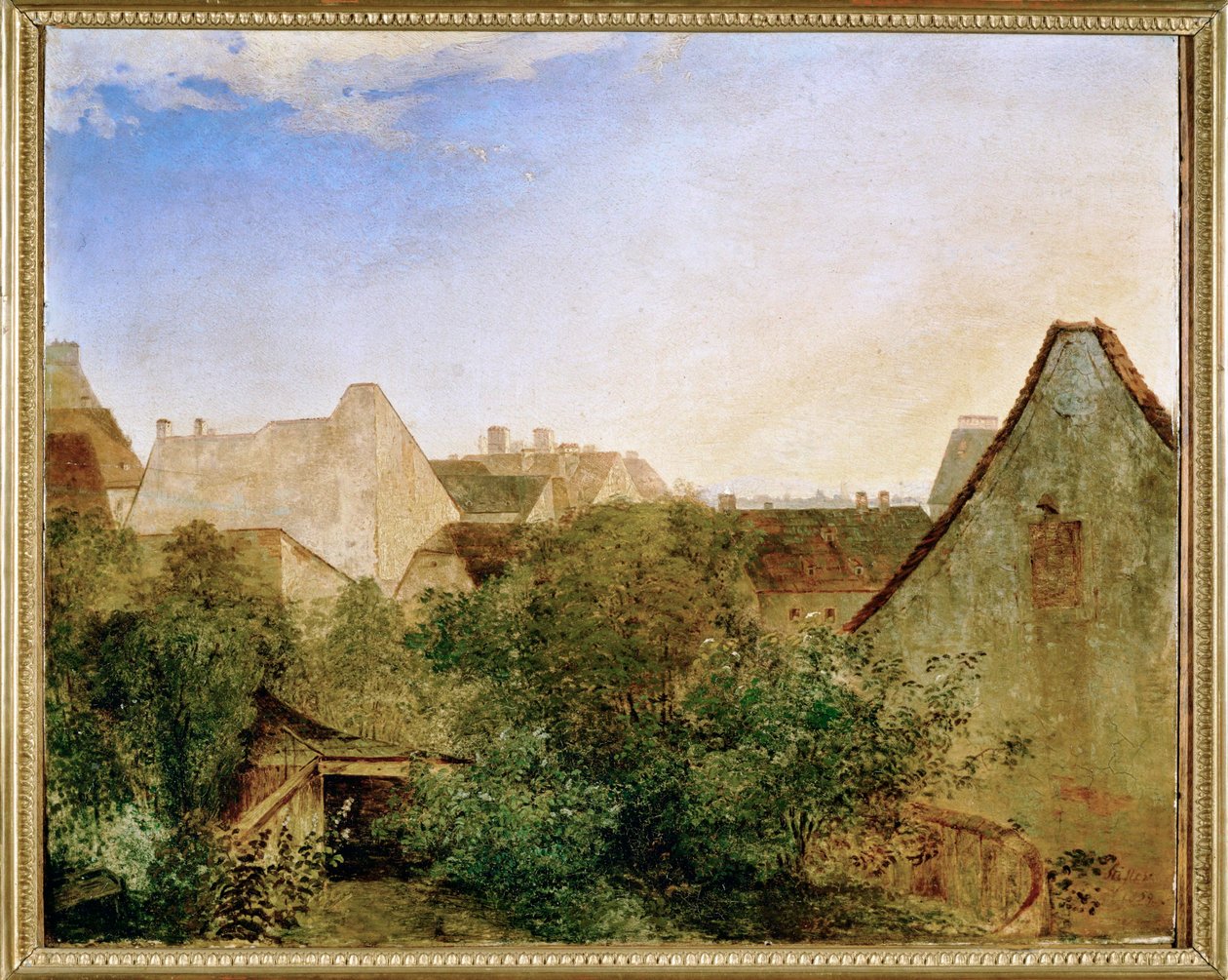 Blick ueber Wiener Vorstadthaeuser - Pohled na vídeňské předměstí... (malba na dřevě) od Adalbert Stifter