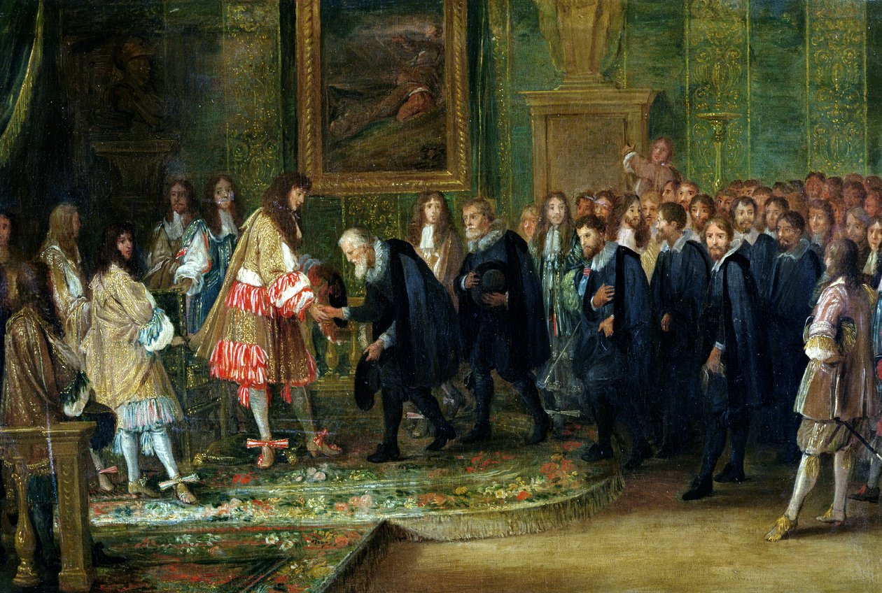Přijetí velvyslanců třinácti švýcarských kantonů Ludvíkem XIV (1638-1715) v Louvru, 11. listopadu 1663, 1664 od Adam Frans van der Meulen