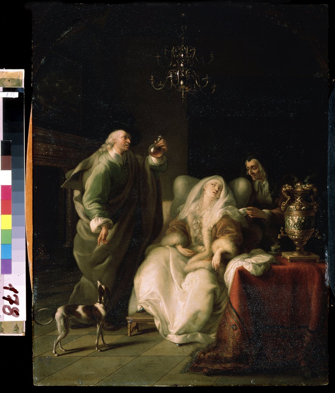 ""La consulting du medecin"" (Nemocná žena a lékař) Lékař prohlíží lahvičku s močí při konzultaci s nemocnou paní. Obraz Adama Brauna (1748-1827) Michail Kroshitsky Art Museum, Sevastopol (Sevastopol) Ukrajina od Adam Braun