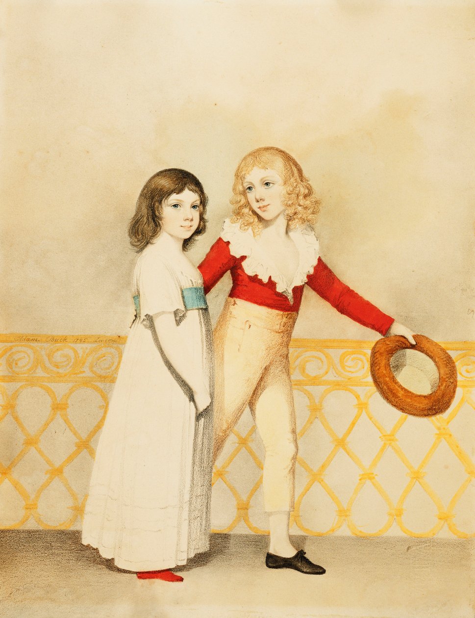 Portrét Williama Bellinghama Budwortha a jeho sestry Emmy Mary, malý po celé délce, na balkóně, 1795 od Adam Buck