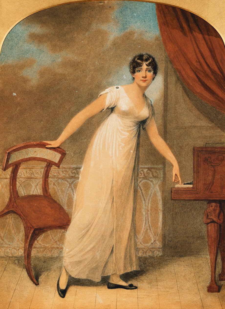 Portrét dámy, stojící po celé délce v bílých šatech od klavíru, 1801 od Adam Buck
