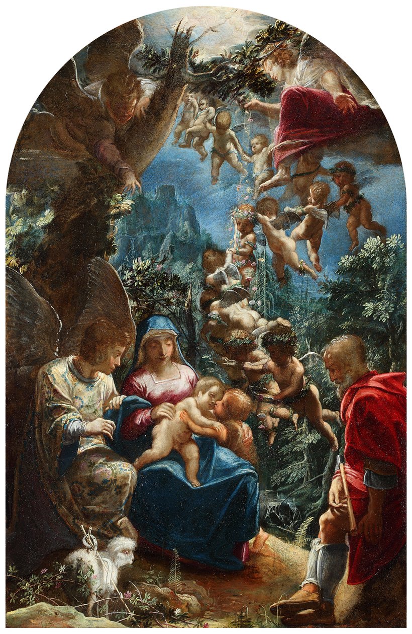 Svatá rodina s anděly a chlapci představujícími svatého Jana od Adam Elsheimer