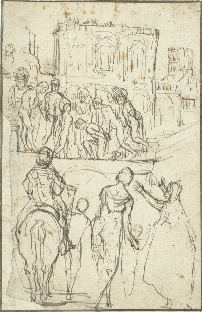 Německy: Josephus wird von Nicanor vor Kaiser Vespasianus geführt Josephus je veden Nicanorem před císaře Vespasiána od Adam Elsheimer